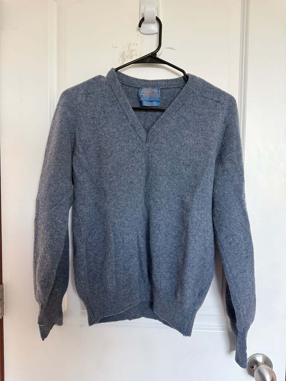 Vintage 80s Pendleton V-Neck Sweater Size M Blue Virgin Wool Pullover
